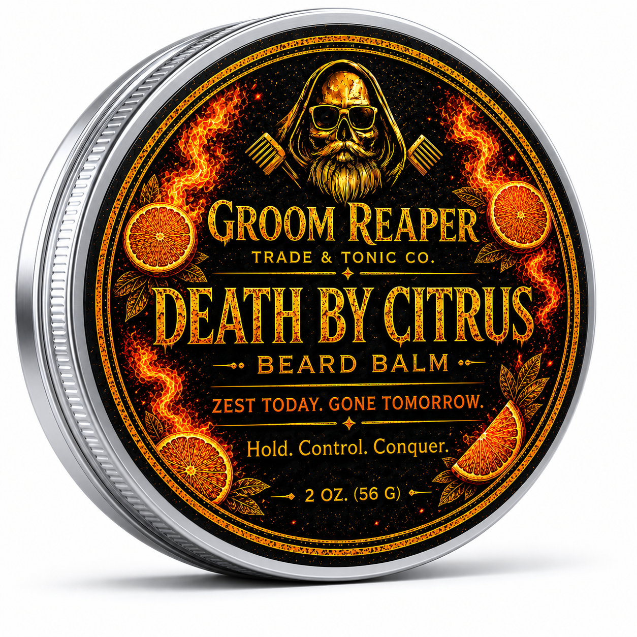 Groom Reaper Death By Citrus Beard Balm – 2 oz, bright citrus-scented beard balm with beeswax, baobab oil, and shea butter for light to medium hold and daily conditioning