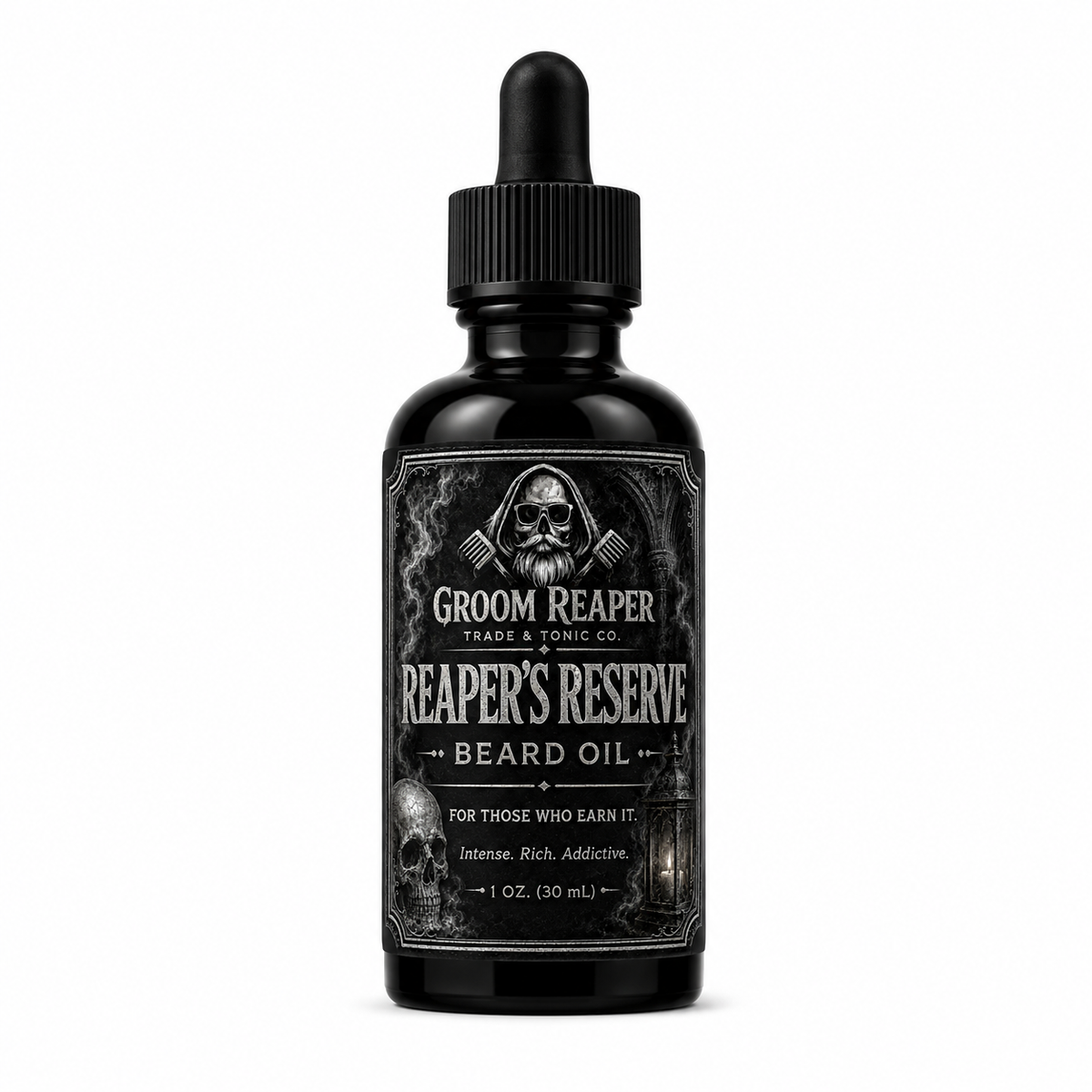 Black bottle of 'Reaper's Reserve' beard oil with a dropper on a white background