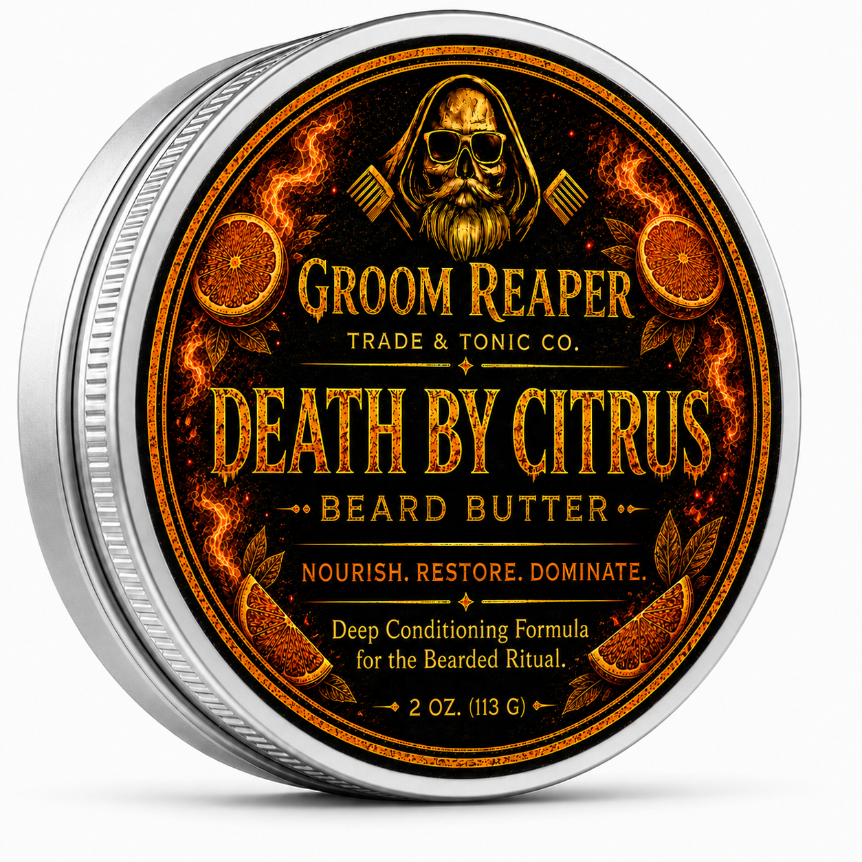 Groom Reaper Death By Citrus Beard Butter – 2 oz, bright citrus-scented deep conditioning beard butter with shea butter, aloe, and rosehip oil for soft, healthy beards
