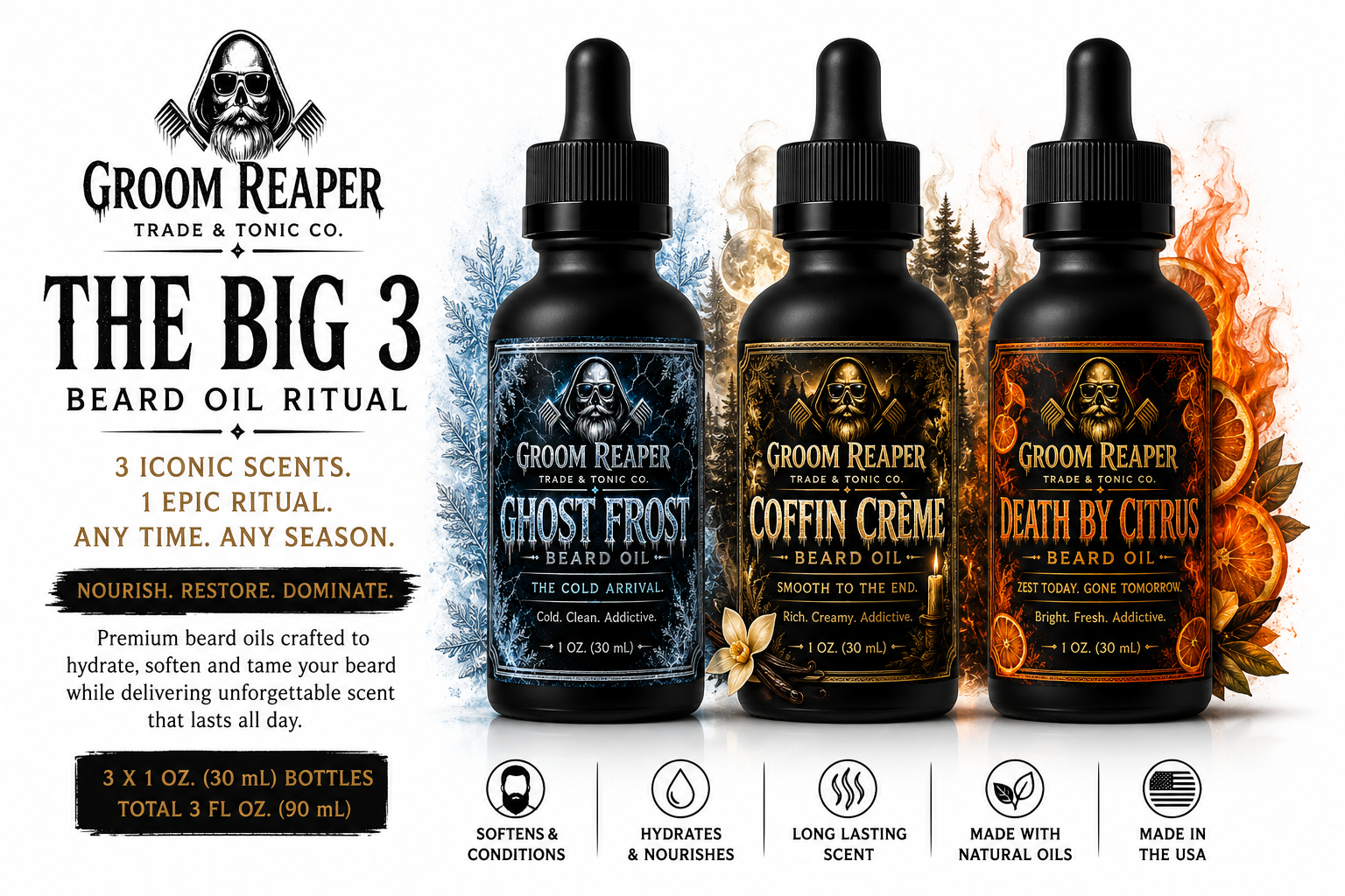 Groom Reaper The Ritual Trilogy – 3-Pack Beard Oil Set featuring Ghost Frost, Coffin Crème, and Death By Citrus 1 oz beard oils for daily conditioning across three signature scents