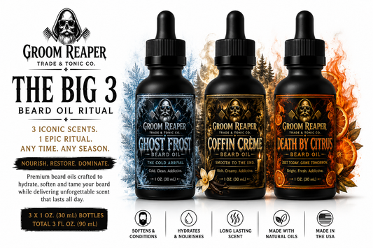 Groom Reaper The Ritual Trilogy – 3-Pack Beard Oil Set featuring Ghost Frost, Coffin Crème, and Death By Citrus 1 oz beard oils for daily conditioning across three signature scents
