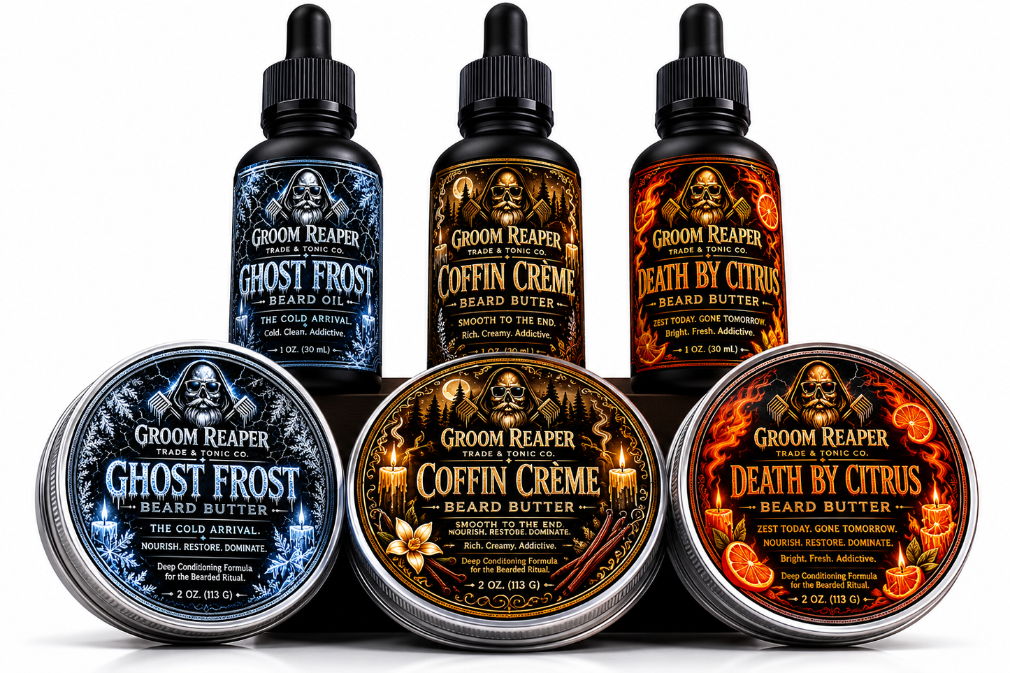 Groom Reaper The Signature Ritual Collection – 6-Pack Beard Oil & Butter Bundle featuring Ghost Frost, Coffin Crème, and Death By Citrus in a complete multi-scent grooming set