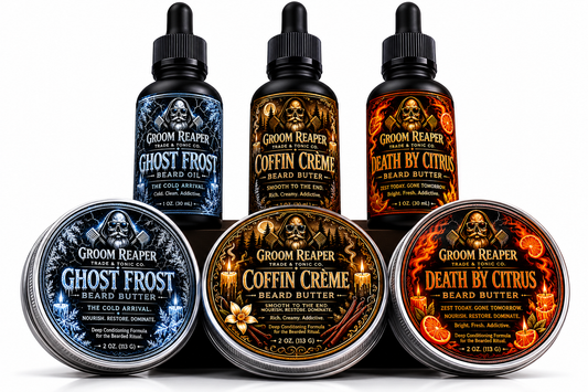 Groom Reaper The Signature Ritual Collection – 6-Pack Beard Oil & Butter Bundle featuring Ghost Frost, Coffin Crème, and Death By Citrus in a complete multi-scent grooming set