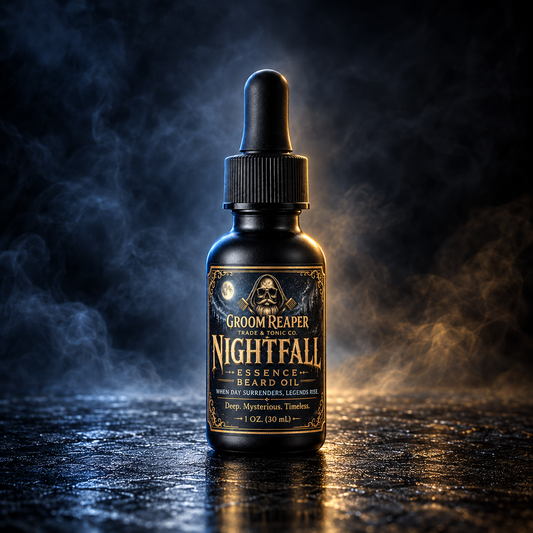 A bottle of Groom Reaper 'Nightfall' essence beard oil stands on a wet reflective surface with dramatic smoke and light effects in the background.