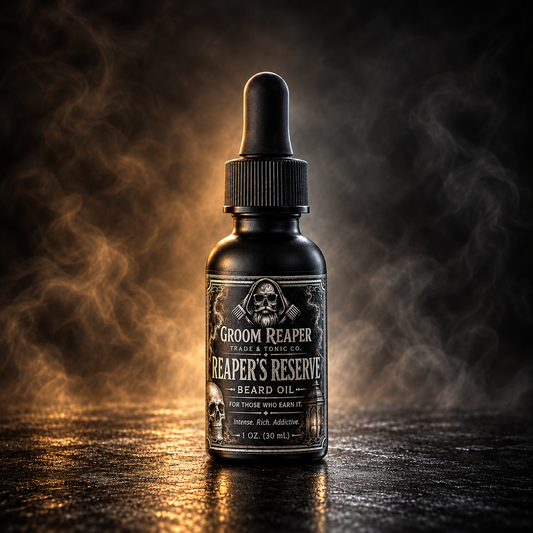 A small black dropper bottle labeled 'Groom Reaper Reaper's Reserve Beard Oil' stands on a dark reflective surface with dramatic golden light and smoky atmosphere in the background.