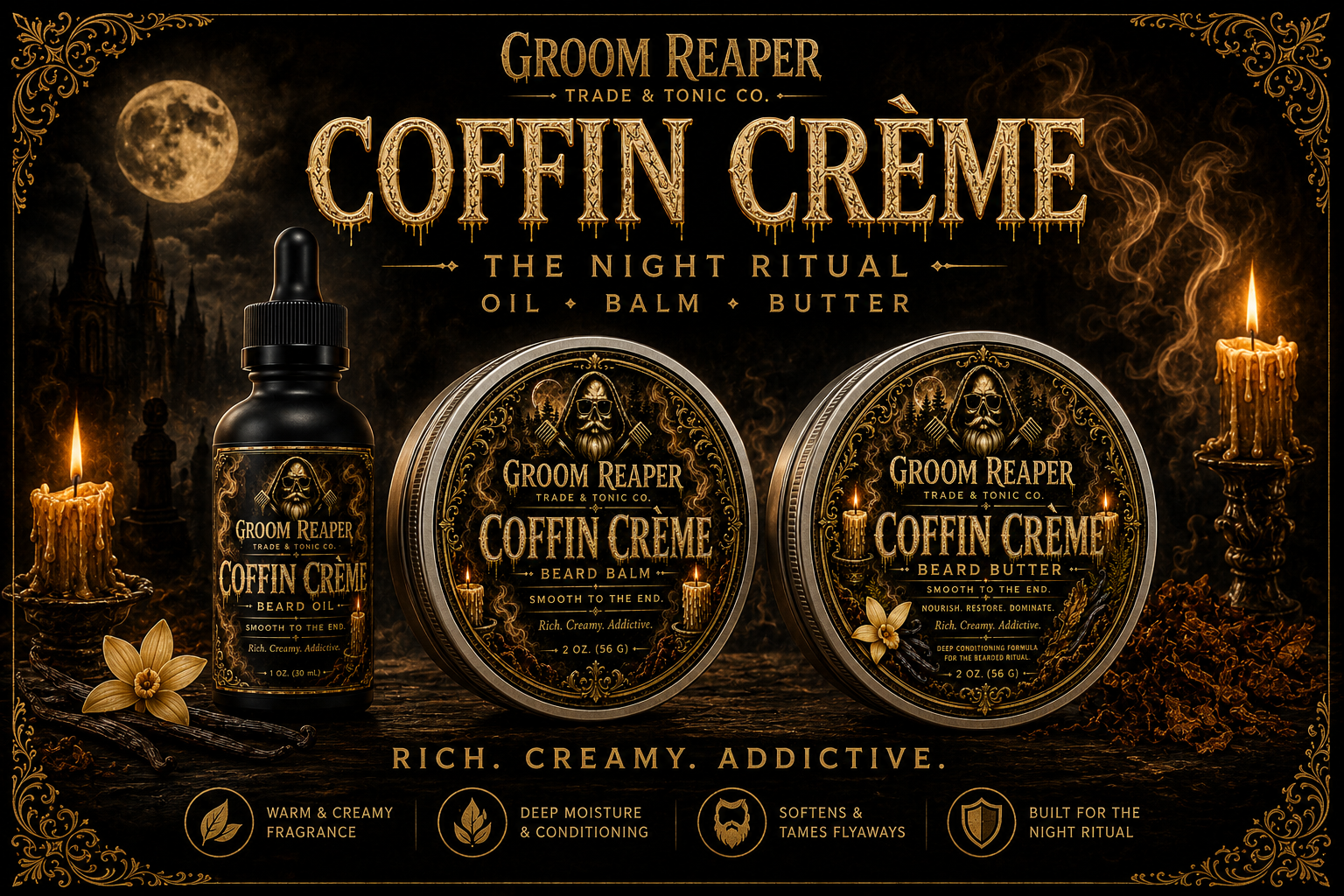 "Coffin Crème beard care bundle by Groom Reaper Trade and Tonic Co., small-batch beard oil balm and butter set"