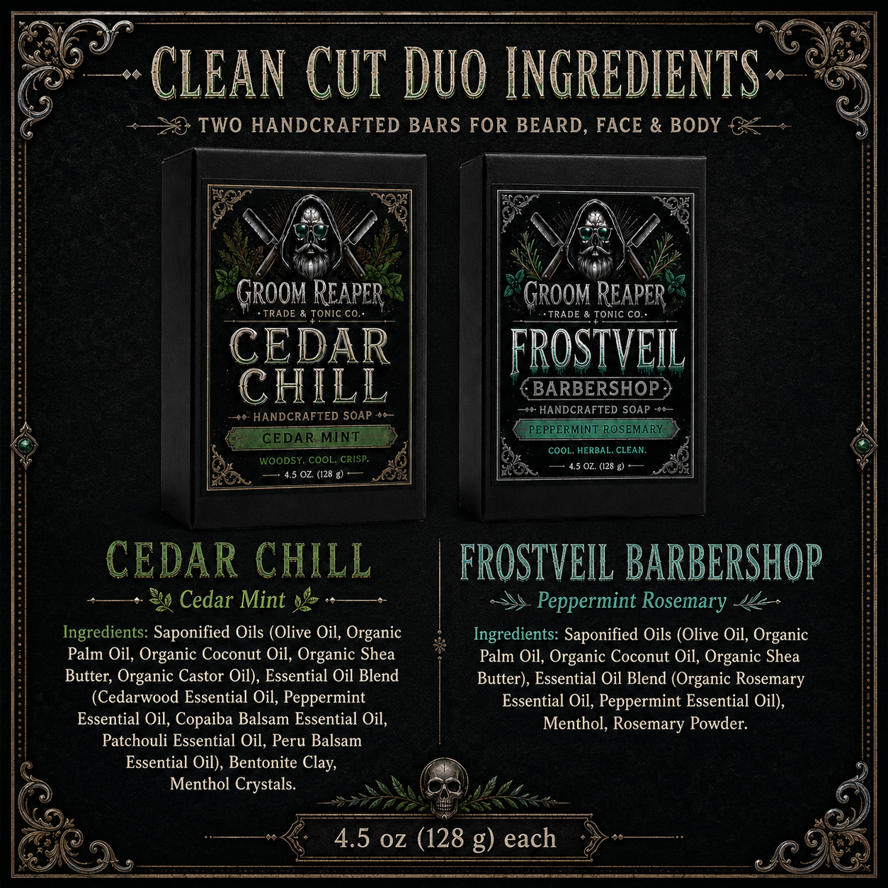 "Groom Reaper Clean Cut Duo soap bars, Cedar Mint and Peppermint Rosemary scents, handcrafted in small batches"