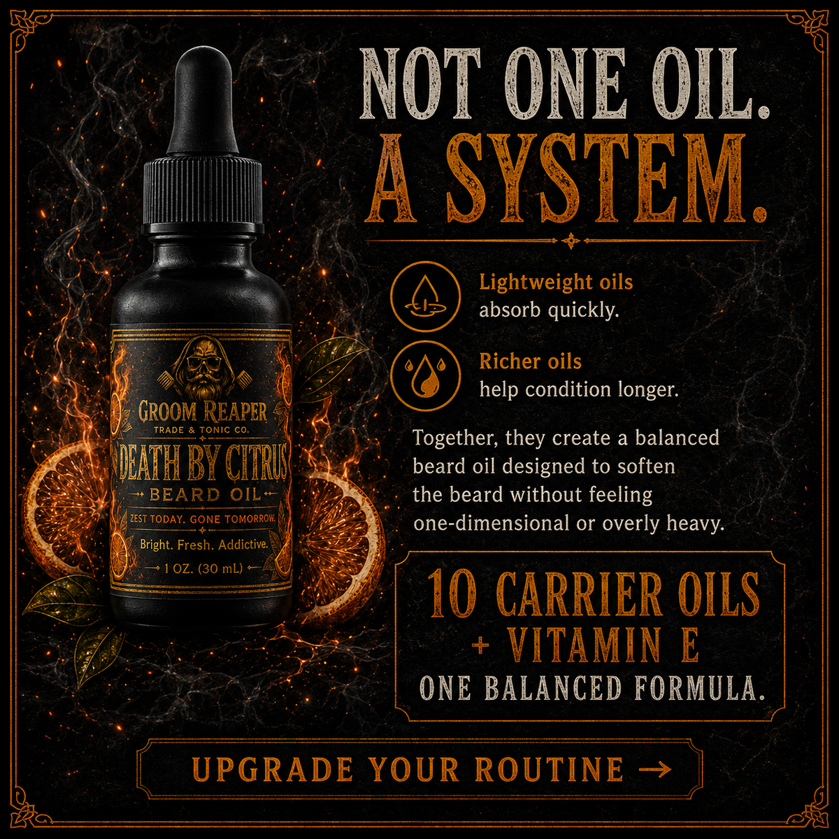  Death By Citrus Beard Oil – not one oil a system – lightweight oils absorb quickly, richer oils condition longer – 10 carrier oils plus vitamin E one balanced formula – designed to soften the beard without feeling one-dimensional or overly heavy – Groom Reaper