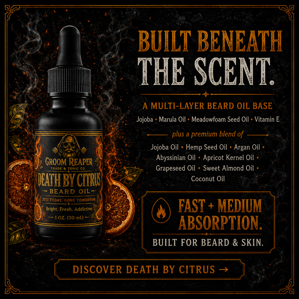 Death By Citrus Beard Oil ingredients – jojoba, marula oil, meadowfoam seed oil, vitamin E, jojoba oil, hemp seed oil, argan oil, abyssinian oil, apricot kernel oil, grapeseed oil, sweet almond oil, coconut oil – multi-layer beard oil base fast and medium absorption built for beard and skin