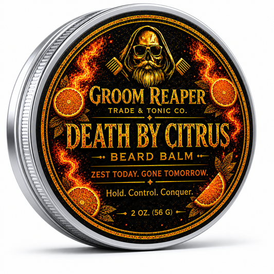 Groom Reaper Death By Citrus Beard Balm – 2 oz, bright citrus-scented beard balm with beeswax, baobab oil, and shea butter for light to medium hold and daily conditioning