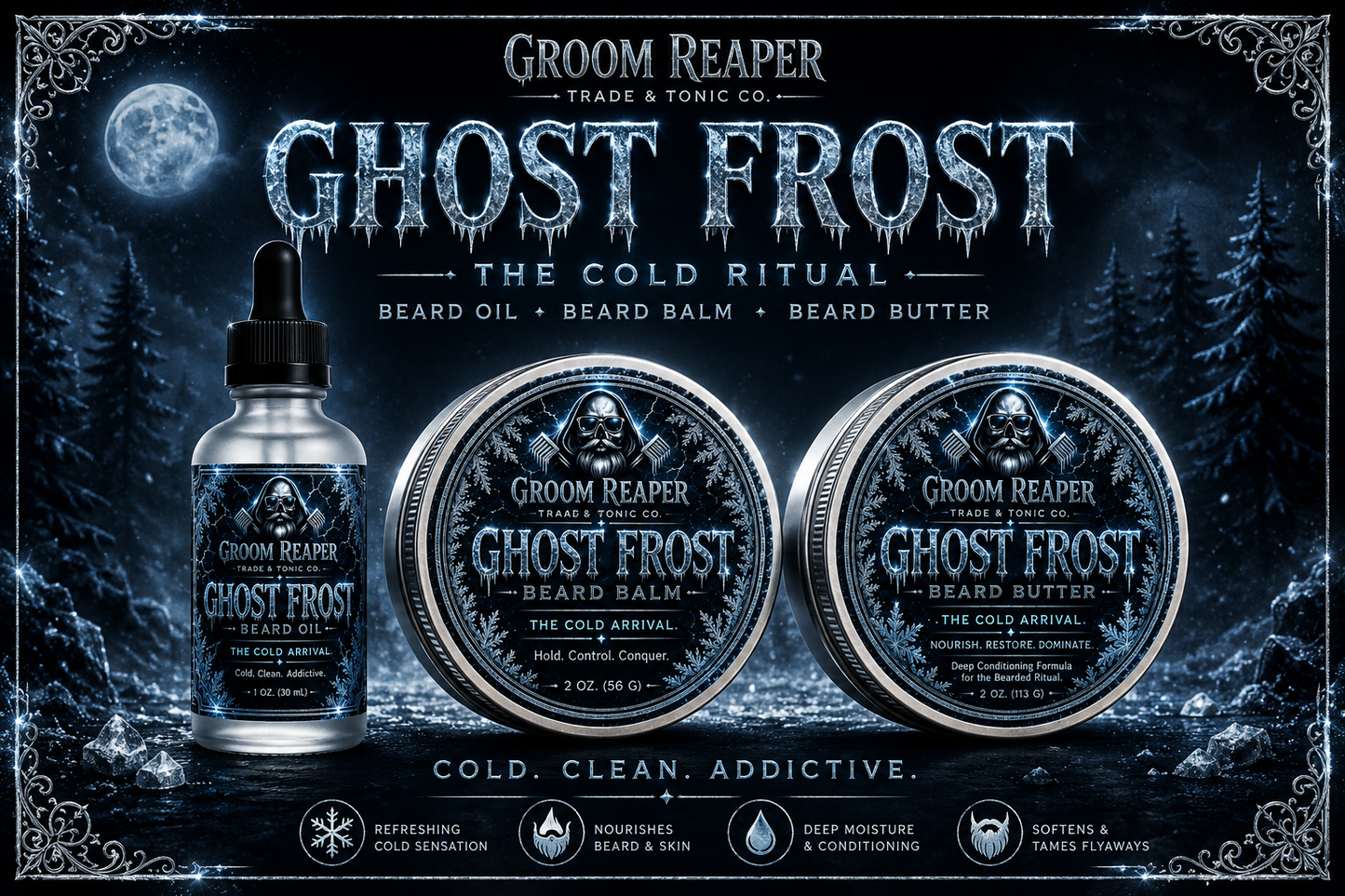 "Ghost Frost beard care bundle by Groom Reaper Trade and Tonic Co., small-batch beard oil balm and butter set"