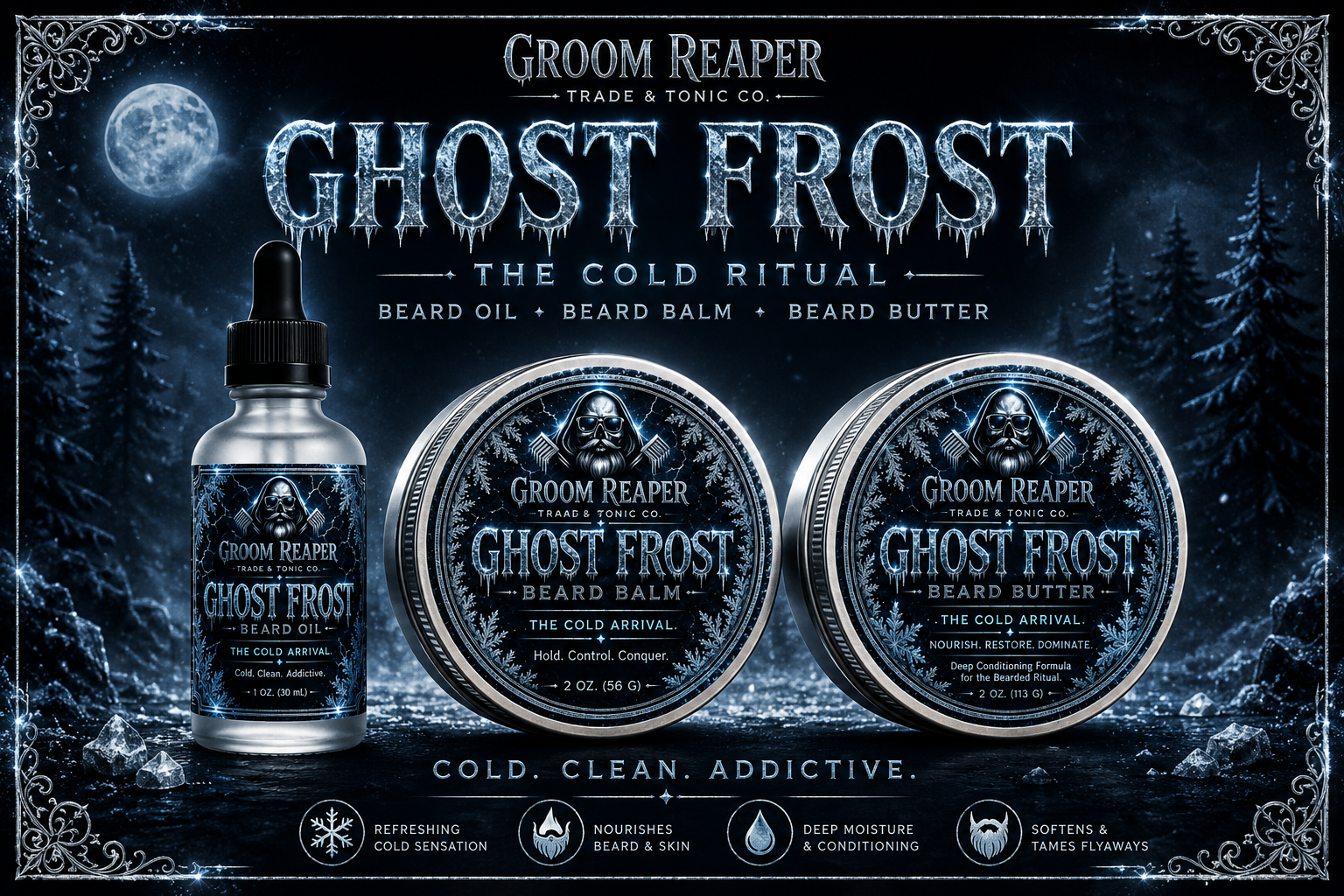 "Ghost Frost beard care bundle by Groom Reaper Trade and Tonic Co., small-batch beard oil balm and butter set"