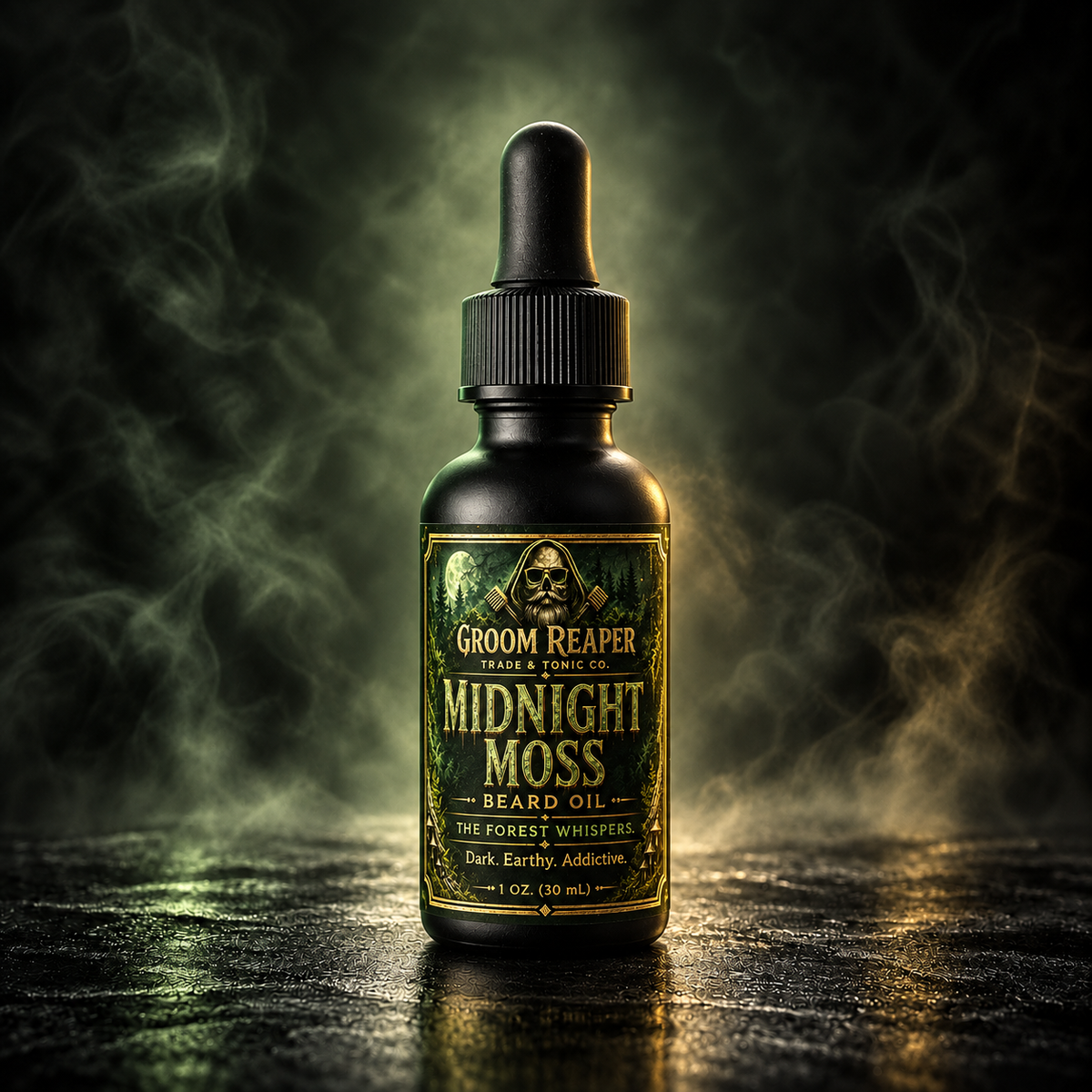 Midnight Moss beard oil bottle by Groom Reaper Trade & Tonic Co.