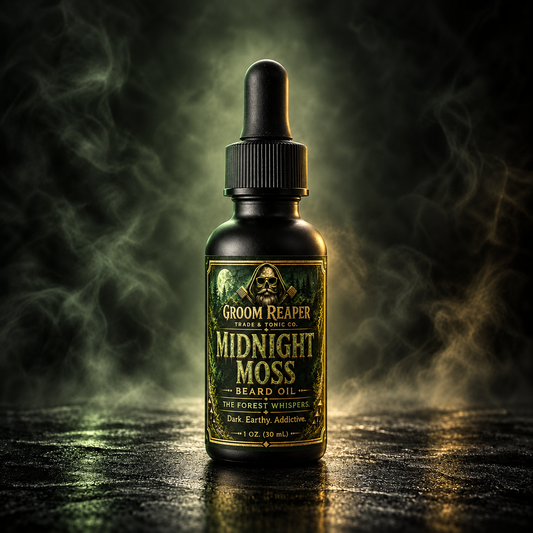 Midnight Moss beard oil bottle by Groom Reaper Trade & Tonic Co.