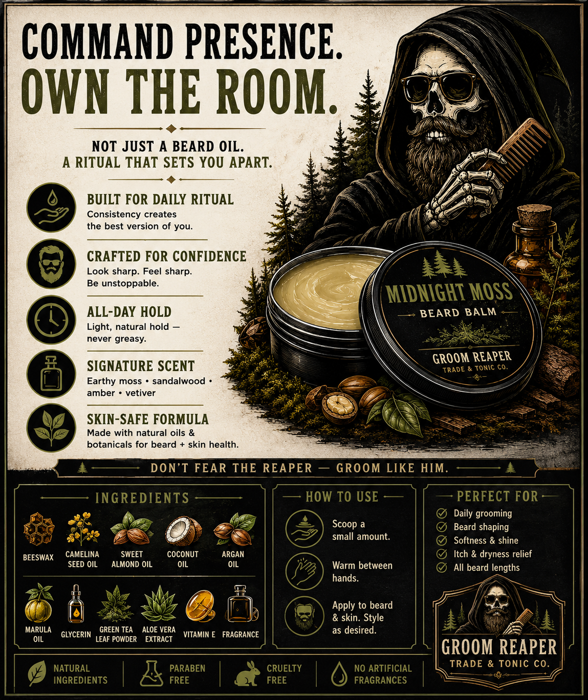  "Midnight Moss beard balm ingredients and product details – Groom Reaper"
