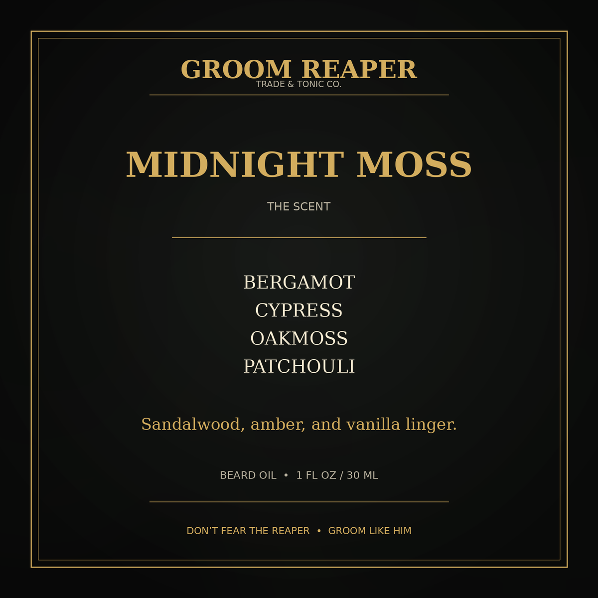 Midnight Moss scent profile: bergamot and cypress top notes, oakmoss and patchouli heart notes, and sandalwood amber and vanilla base notes.