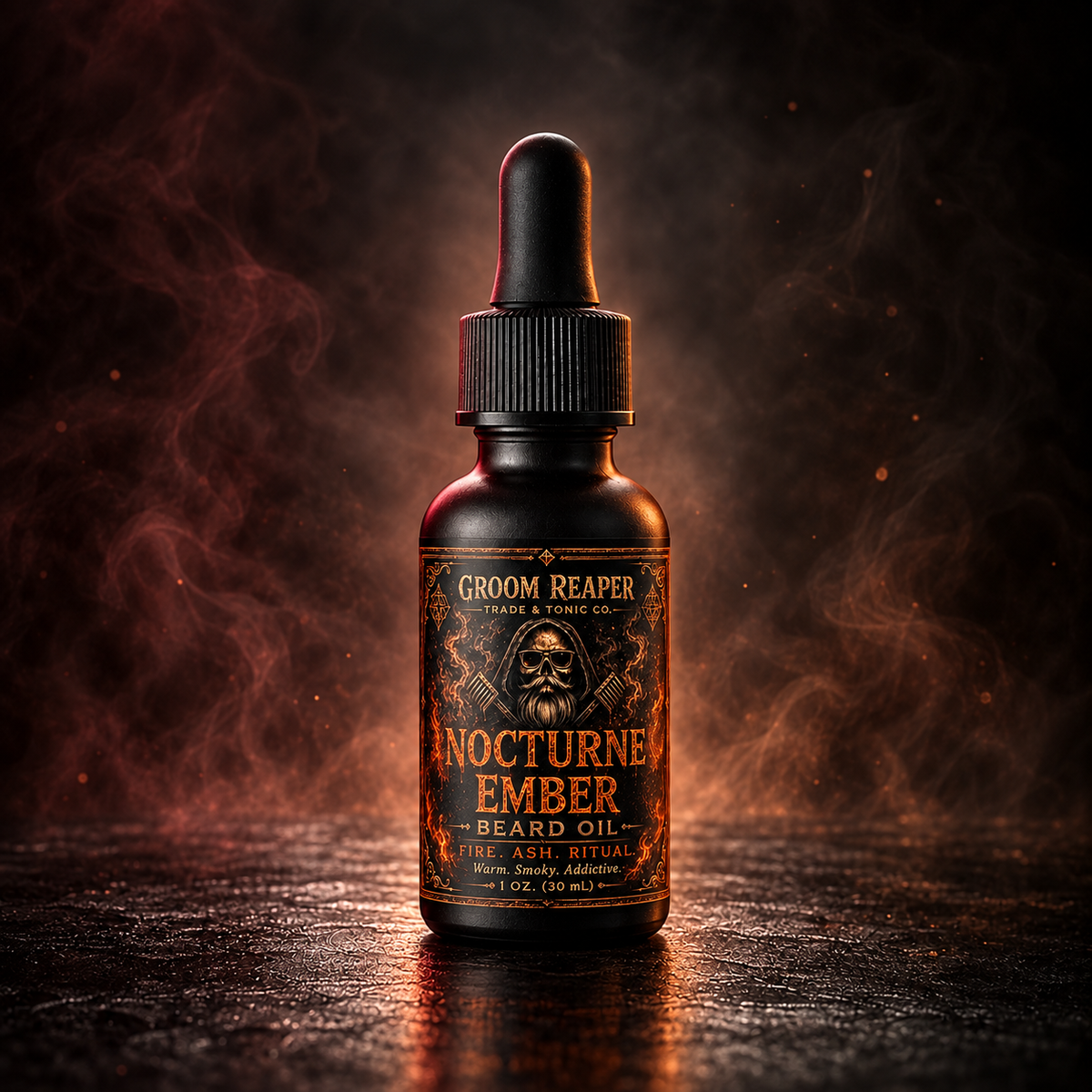 A bottle of Groom Reaper Nocturne Ember Beard Oil stands centered on a dark reflective surface with dramatic red-orange lighting and smoky atmospheric effects in the background.