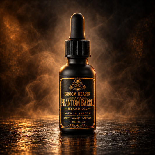 A dark amber glass dropper bottle of Groom Reaper Phantom Barrel Beard Oil stands on a reflective surface with dramatic golden lighting and smoky atmospheric effects in the background.