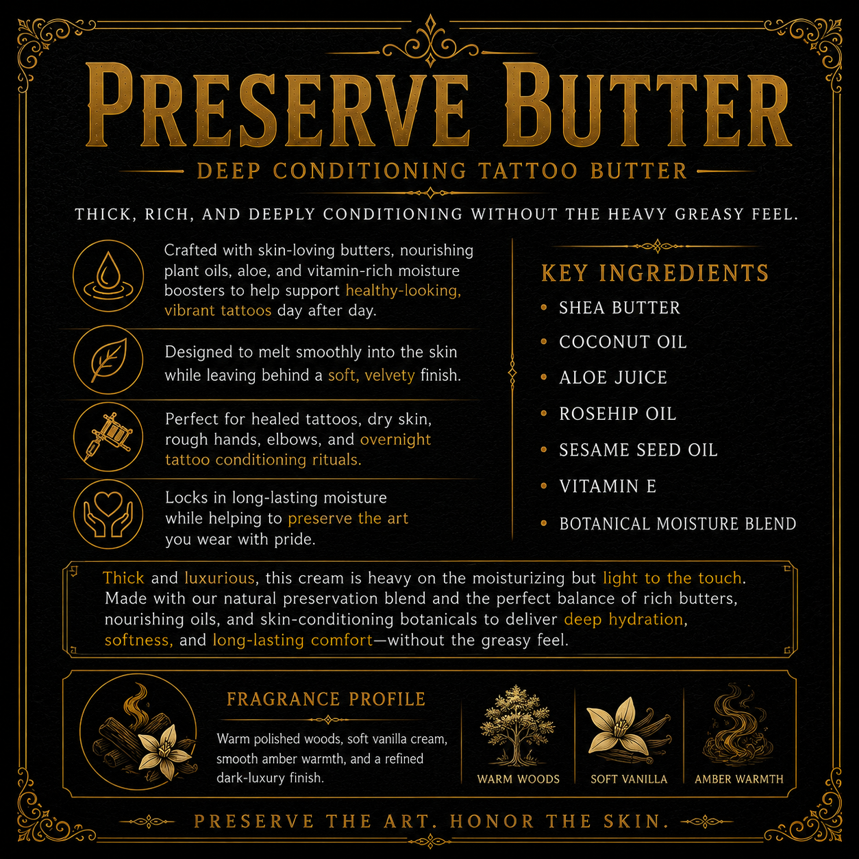 "Eternal Ink tattoo preservation by Groom Reaper Trade and Tonic Co., daily oil and conditioning butter for healed tattoo care"