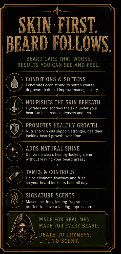 A vertical black promotional graphic with gold and white text about beard care benefits, including conditions & softens, nourishes the skin beneath, promotes healthy growth, adds natural shine, tames & controls, and signature scents. A small illustrated bearded man appears at the bottom.