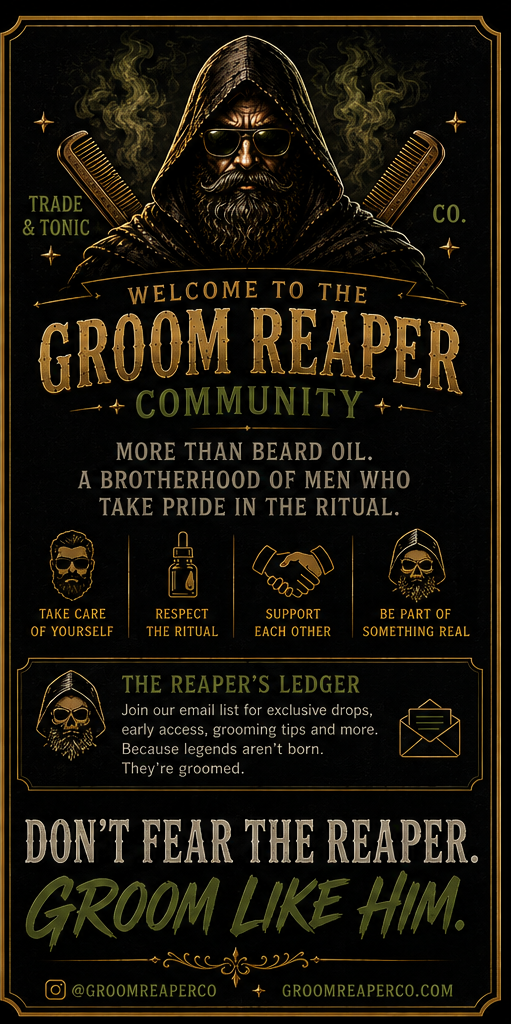 A dark, gothic-themed promotional graphic for 'The Groom Reaper Community' featuring a hooded reaper character with a beard, surrounded by combs and a dagger, with gold and black typography on a black background.