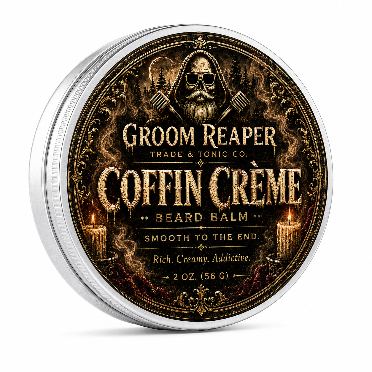 Groom Reaper Coffin Crème Beard Balm – 2 oz, warm vanilla and dark wood-scented beard balm with beeswax, baobab oil, and shea butter for light to medium hold and daily conditioning