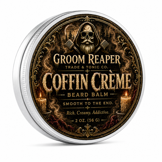 Groom Reaper Coffin Crème Beard Balm – 2 oz, warm vanilla and dark wood-scented beard balm with beeswax, baobab oil, and shea butter for light to medium hold and daily conditioning