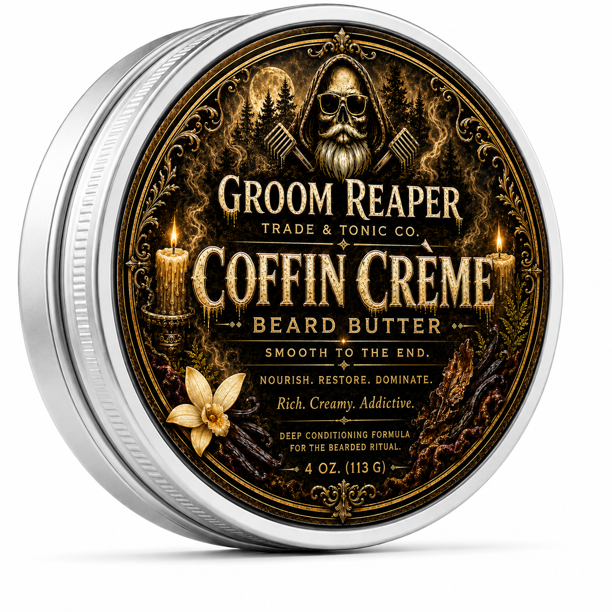 Groom Reaper Coffin Crème Beard Butter – 2 oz, warm vanilla and dark wood-scented deep conditioning beard butter with shea butter, aloe, and rosehip oil for soft, healthy beards