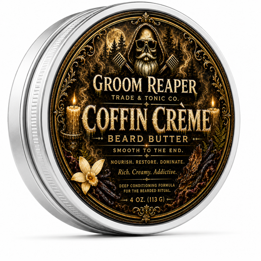 Groom Reaper Coffin Crème Beard Butter – 2 oz, warm vanilla and dark wood-scented deep conditioning beard butter with shea butter, aloe, and rosehip oil for soft, healthy beards