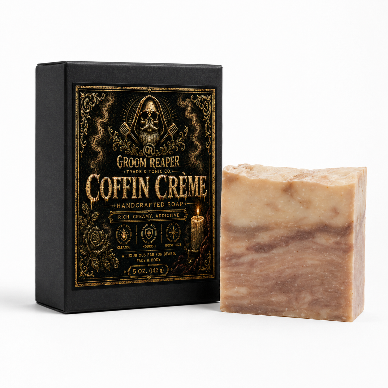 "Coffin Crème soap bar by Groom Reaper Trade and Tonic Co., Sandalwood Vanilla, beard face and body soap"