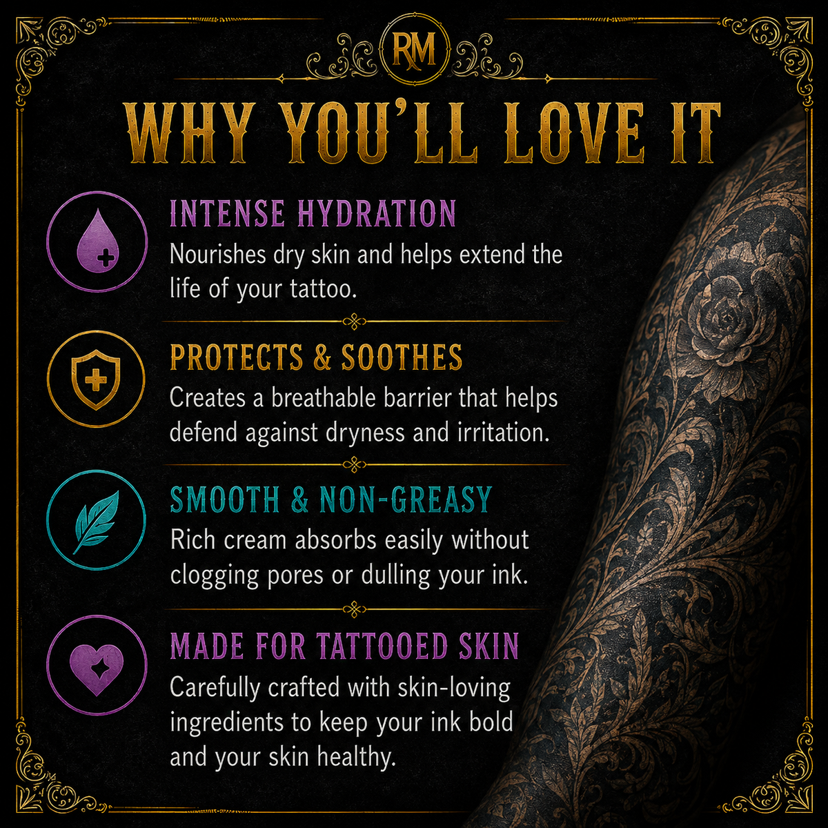 "Preserve Tattoo Cream benefits – intense hydration, protects and soothes, smooth non-greasy formula made for tattooed skin"