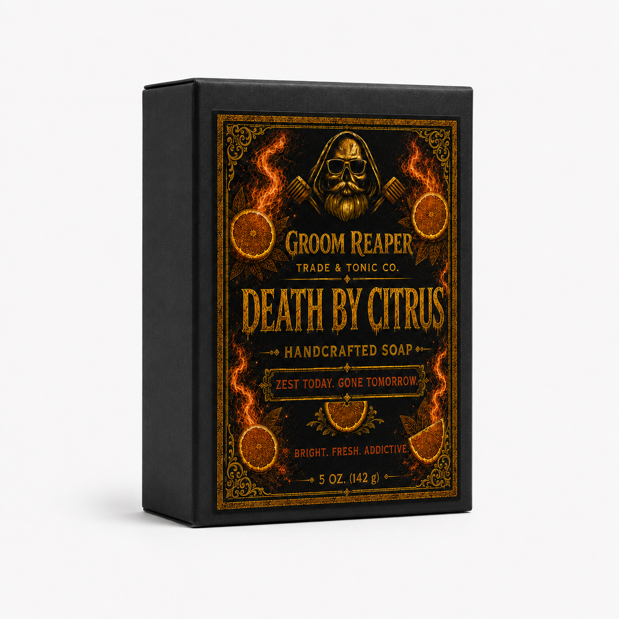 "Death by Citrus Handcrafted Soap packaging by Groom Reaper Trade and Tonic Co., Bergamot Citrus scent, 4.5 oz cold-pressed bar"