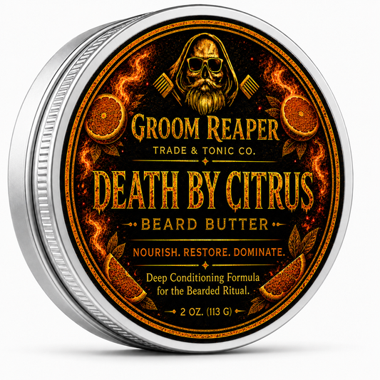 Groom Reaper Death By Citrus Beard Butter – 2 oz, bright citrus-scented deep conditioning beard butter with shea butter, aloe, and rosehip oil for soft, healthy beards