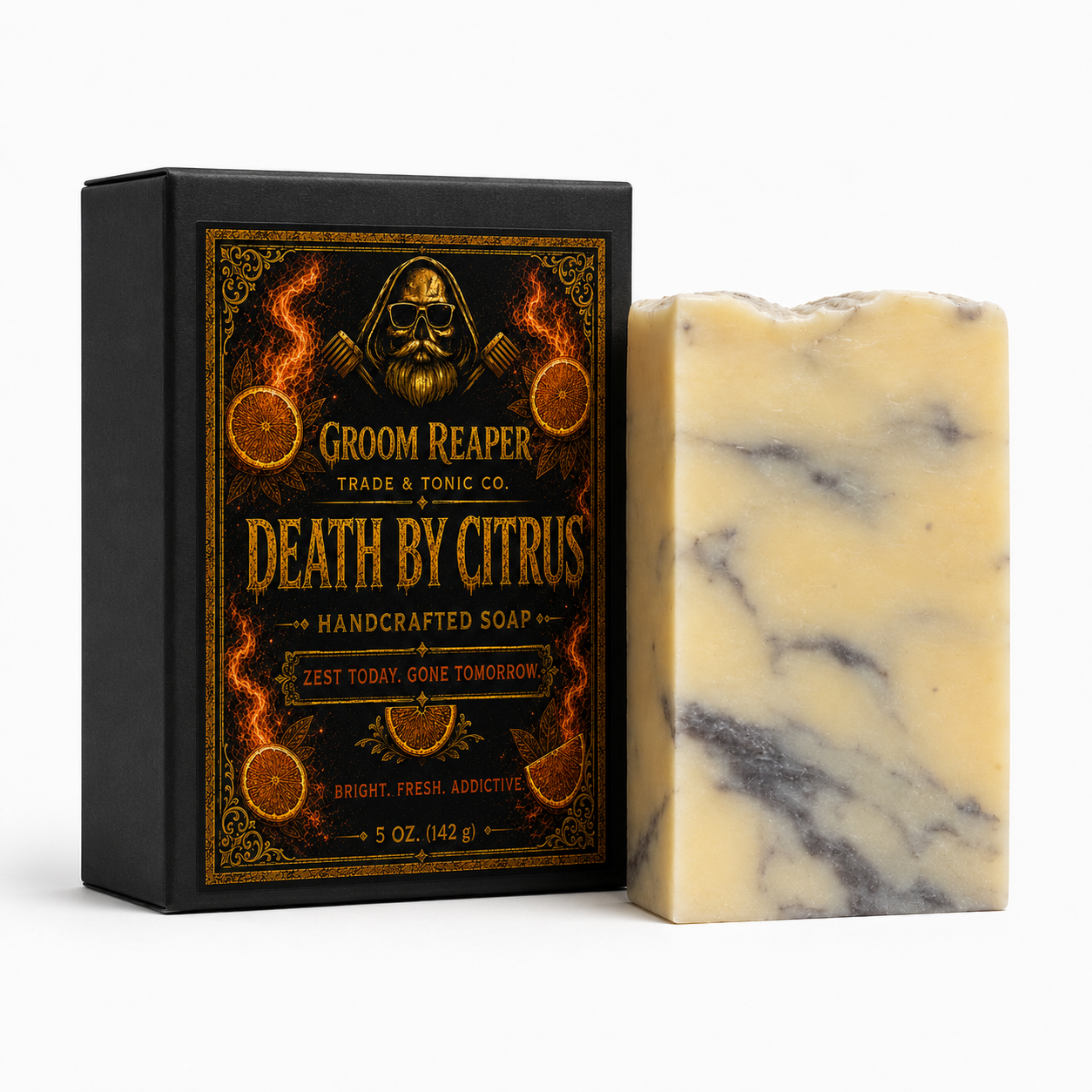 "Death by Citrus cold-pressed soap bar by Groom Reaper, Bergamot Citrus scent, 4.5 oz handcrafted beard face and body soap"