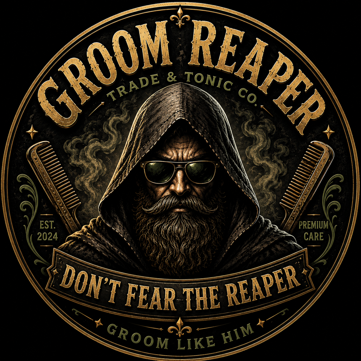 A circular vintage-style logo or label design featuring a hooded bearded man wearing sunglasses, with large gold text reading “GROOM REAPER” and “GROOM LIKE HIM,” plus “TRADE & TONIC CO.” and “PREMIUM CARE,” on a black background.