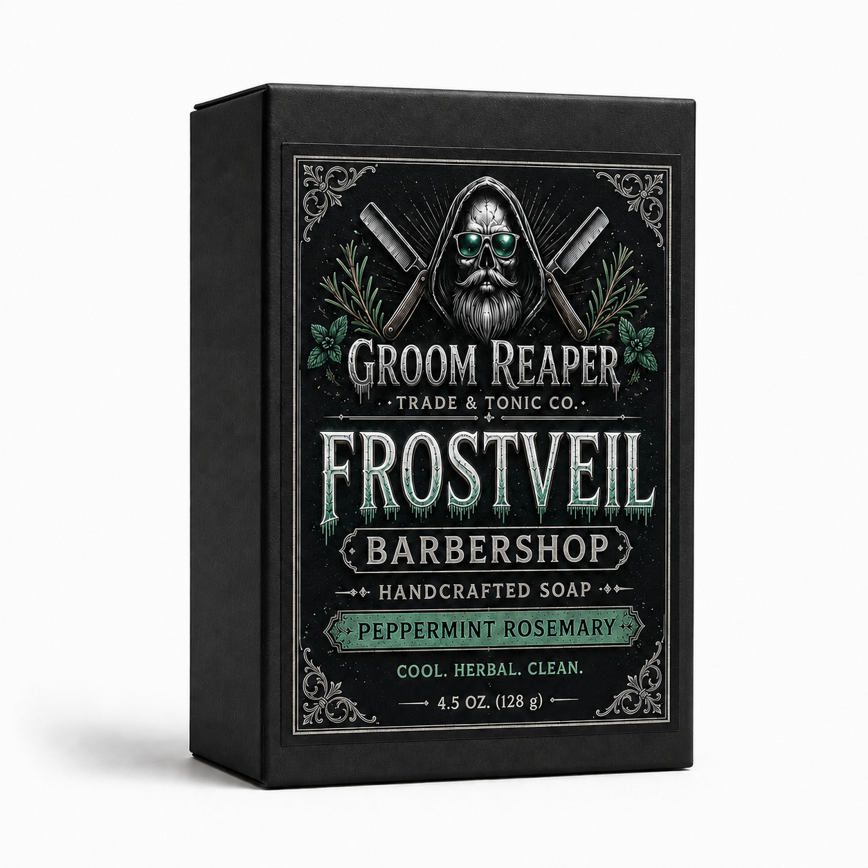 "Frostveil Barbershop Handcrafted Soap by Groom Reaper, Peppermint Rosemary scent, 4.5 oz cold-pressed bar"