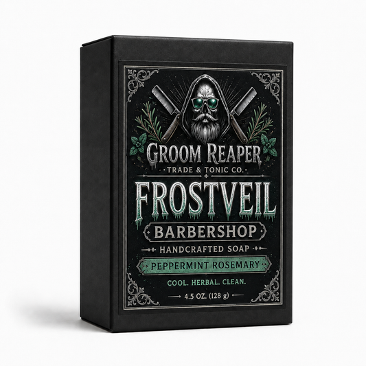 "Frostveil Barbershop Handcrafted Soap by Groom Reaper, Peppermint Rosemary scent, 4.5 oz cold-pressed bar"