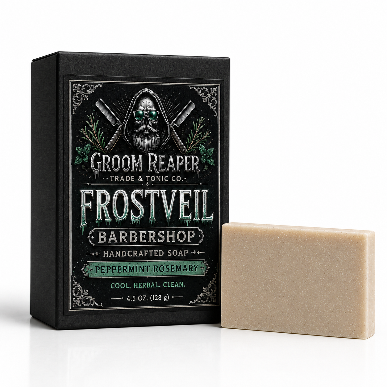 "Frostveil Barbershop soap bar by Groom Reaper Trade and Tonic Co., Peppermint Rosemary, beard face and body soap"