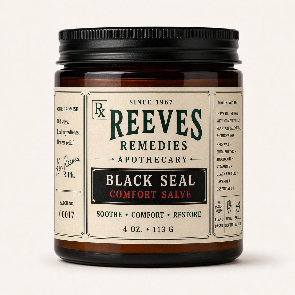 Reeves Remedies Black Seal Comfort Salve — 4 oz amber apothecary jar