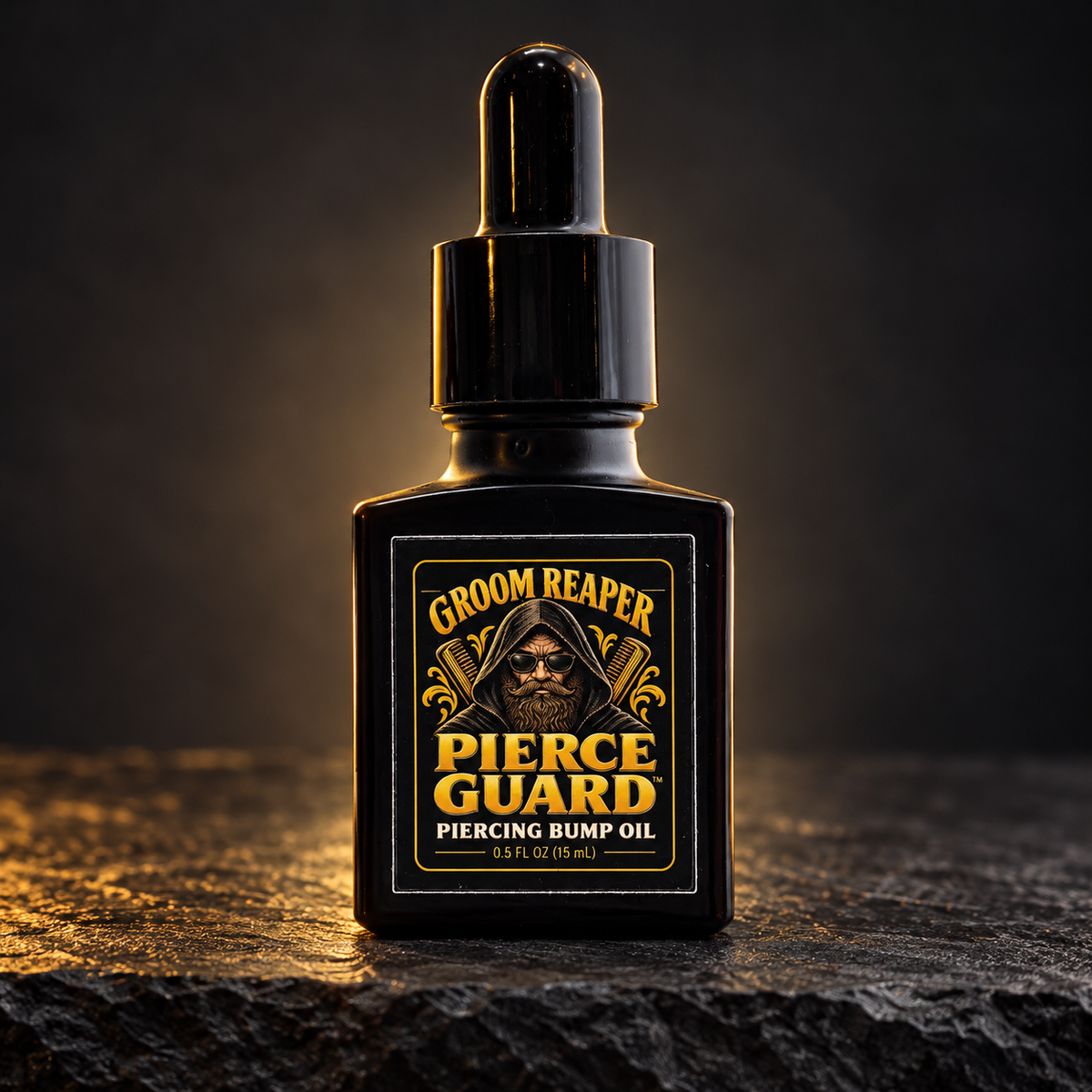 “Groom Reaper Pierce Guard piercing bump oil, 0.5 fl oz (15 mL), in a black dropper bottle with a gold label.”