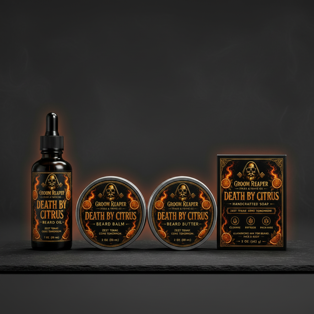 Death by Citrus Full Ritual Set – Beard Oil, Balm, Butter, Soap & Comb | Groom Reaper