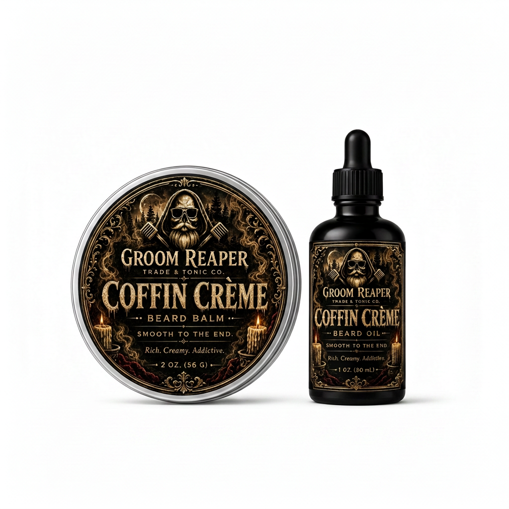 Coffin Crème beard balm tin and black beard oil bottle on a white background