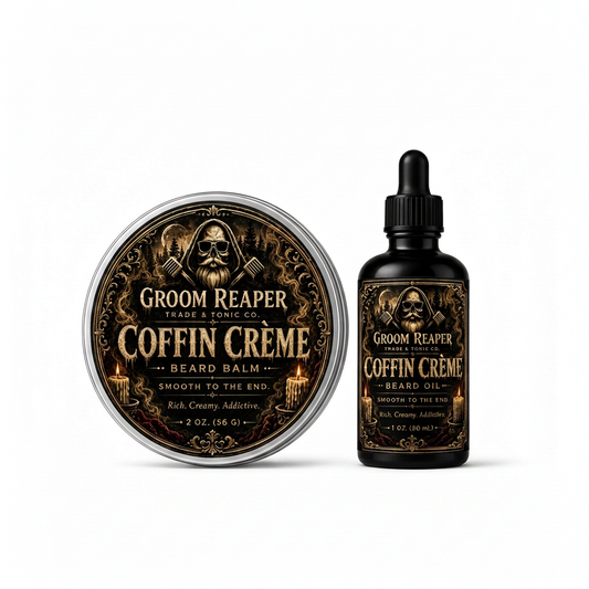 Coffin Crème beard balm tin and black beard oil bottle on a white background