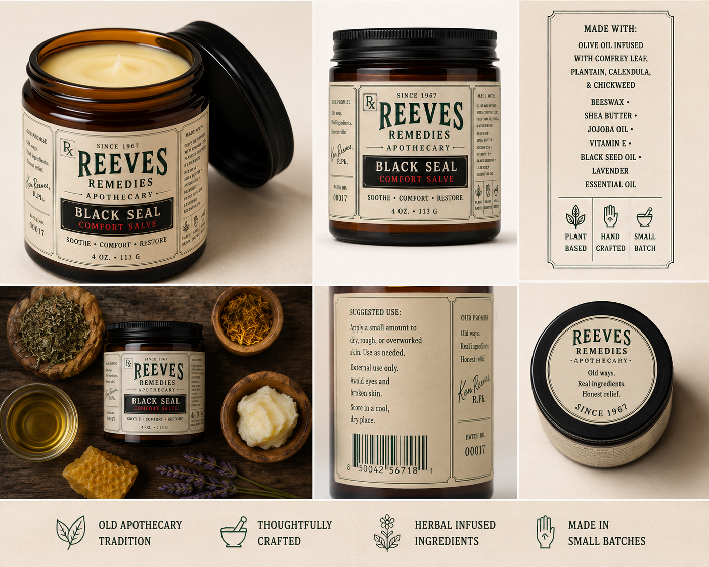 Reeves Remedies Black Seal Comfort Salve — open jar, ingredients, and apothecary label detail
