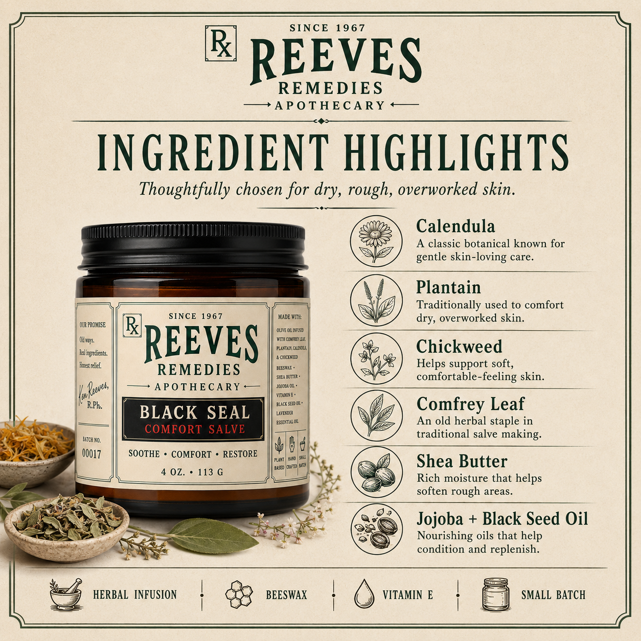Black Seal Comfort Salve ingredients — calendula, plantain, chickweed, comfrey leaf, shea butter, jojoba and black seed oil