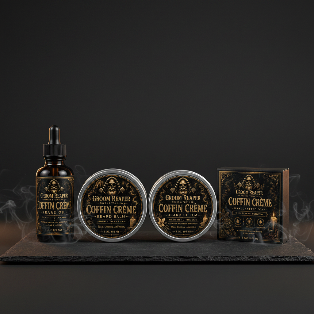 Coffin Crème Full Ritual Set – Beard Oil, Balm, Butter & Soap | Groom Reaper