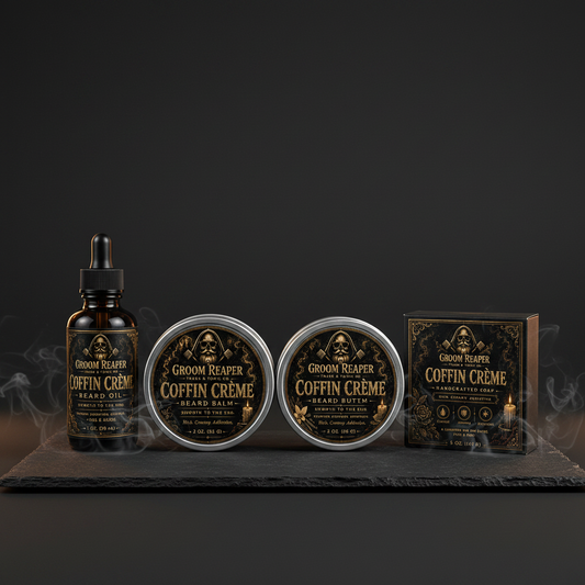 Coffin Crème Full Ritual Set – Beard Oil, Balm, Butter & Soap | Groom Reaper