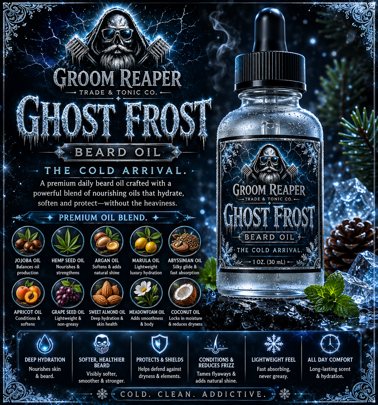 "Ghost Frost beard care bundle by Groom Reaper Trade and Tonic Co., small-batch handcrafted cold and clean scent beard products"