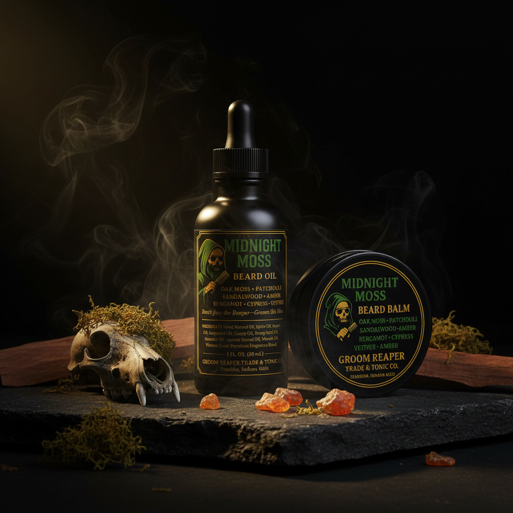 "The Midnight Moss Ritual beard oil and balm bundle by Groom Reaper – premium men's grooming set"