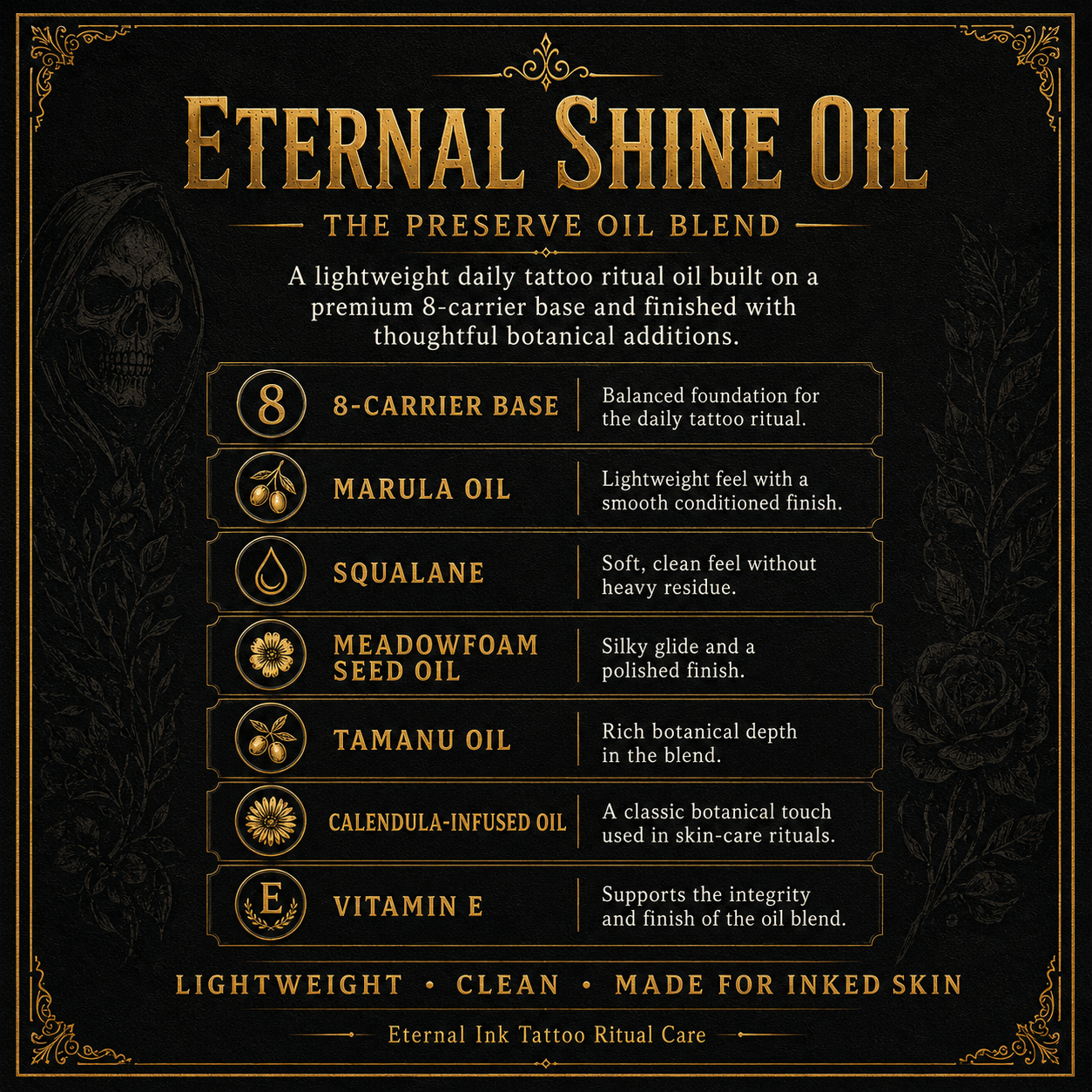 "Eternal Shine Oil by Groom Reaper, lightweight daily tattoo care oil for ink vibrancy and hydration, 1 oz"
